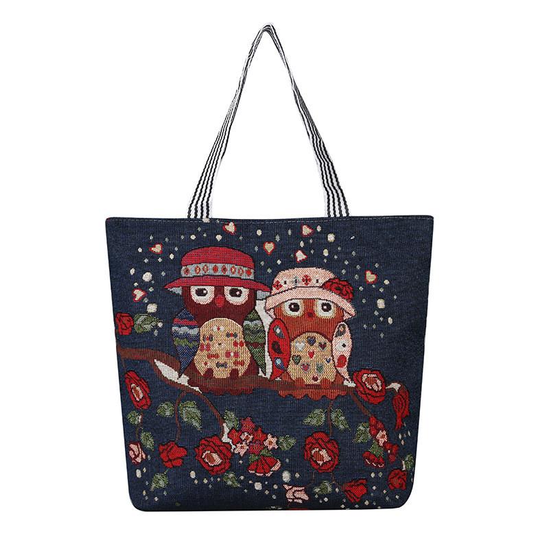 Fashion Owl Canvas Tote Bag With Embroidery And Large Capacity For Daily Use