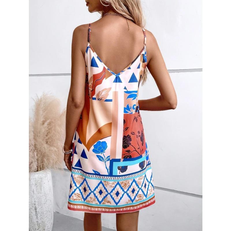 Women Sexy European American Printed V Neck Camisole Mid Length A Line Dress