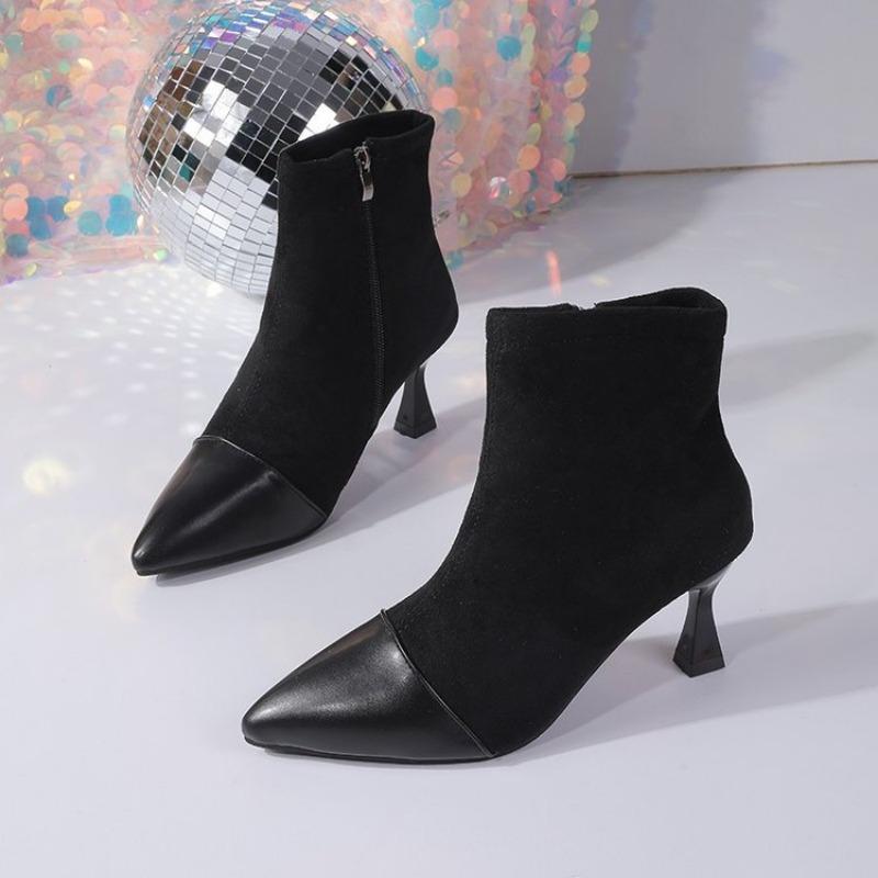 

Туфли на высоком каблуке, Новые осенне-зимние универсальные туфли, Облегающие ботинки, Эластичные ботинки высокого класса, Женская обувь 35 чёрный