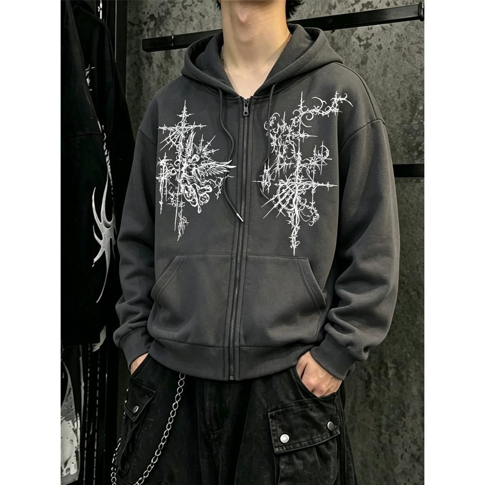 Fashionable Street Fashion Brand Dark Thorn Abstract Print Hoodie Loose and Versatile Couple Zipper Sweatshirt Jacket