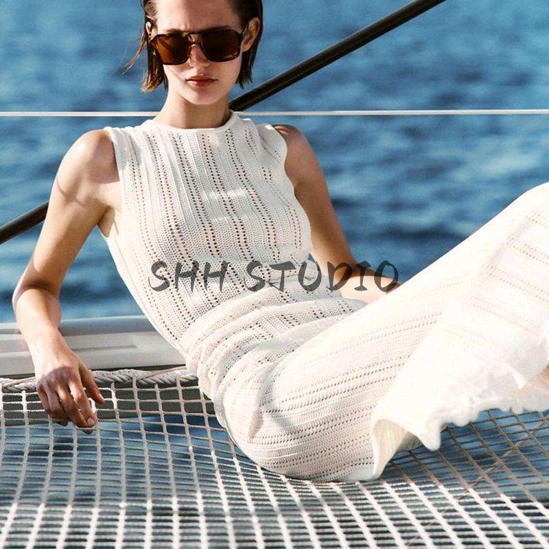 Summer Women Clothes Holiday Style Sleeveless Round Neck Belt Jacquard Mesh Knitted Midi Dress 0244003