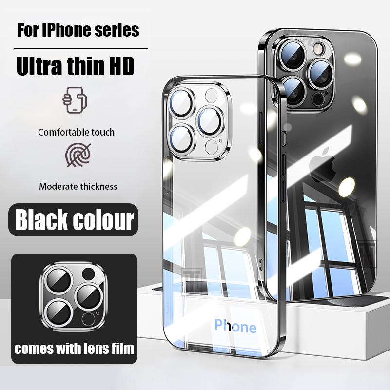 New Ultra Thin Transparent Comes with Lens Film Phone Case for iPhone 16 15 14 13 12 11 Pro Max 16 Plus Plating Shockproof Cover