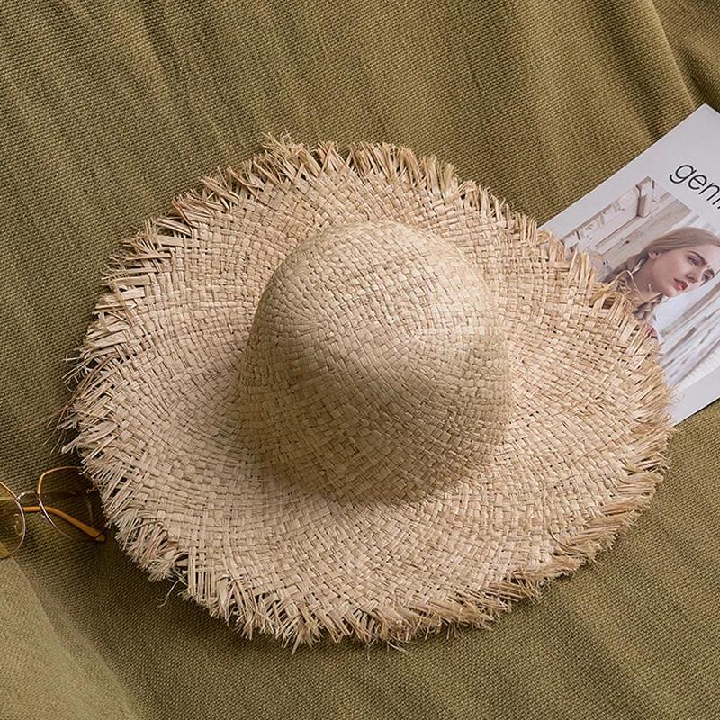 Fashion Handmade 100%natural Raffia Dame Top Big Brim Straw Hat Beach Girl Holiday Panama Sunscreen Breathable Sun Hat sale