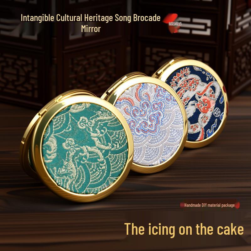 Handmade Imitation Song Brocade Makeup Mirror: Ancient Style Chinese Portable Mirror, Dragon Boat Festival Gift