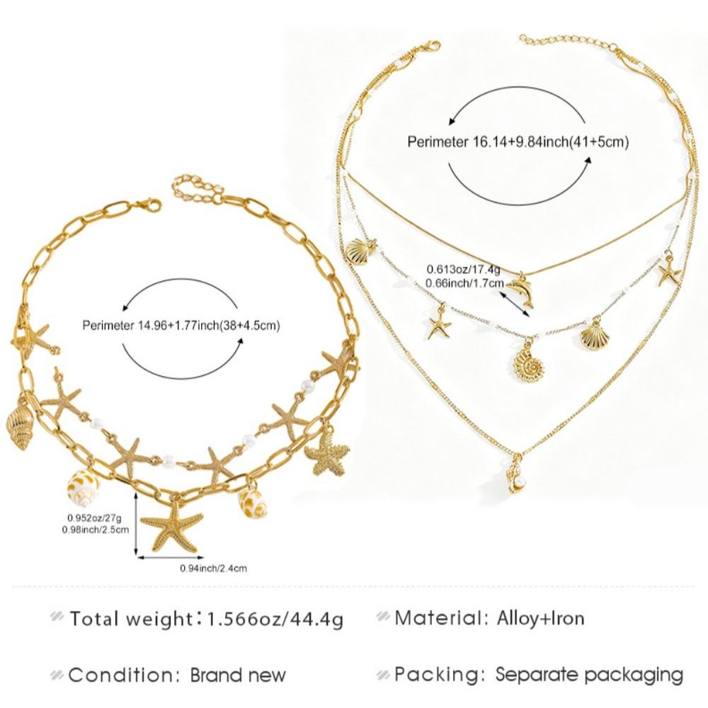 Bohemia Starfish Conch Pearl Beaded Choker Layered Necklace for Women Imitation Pearls Dolphin Summer Beach Vacation Jewelry