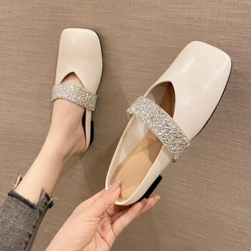 Fashion Square Slippers Summer New Baotou Shallow Mouth Crystal with Cover Foot Soft Sole Anti-slip Wear-resistant Flat Shoes