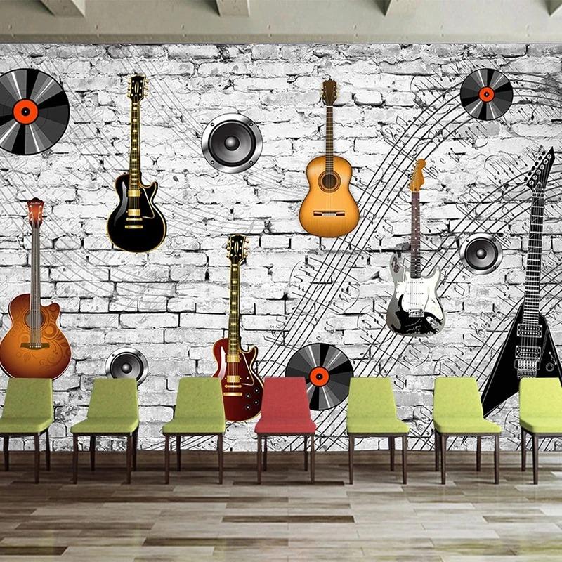 3d Nostalgische Ziegel Wandbild Gitarre Musik Tapete Bar Werkzeug Hintergrund Tapeten Fresko