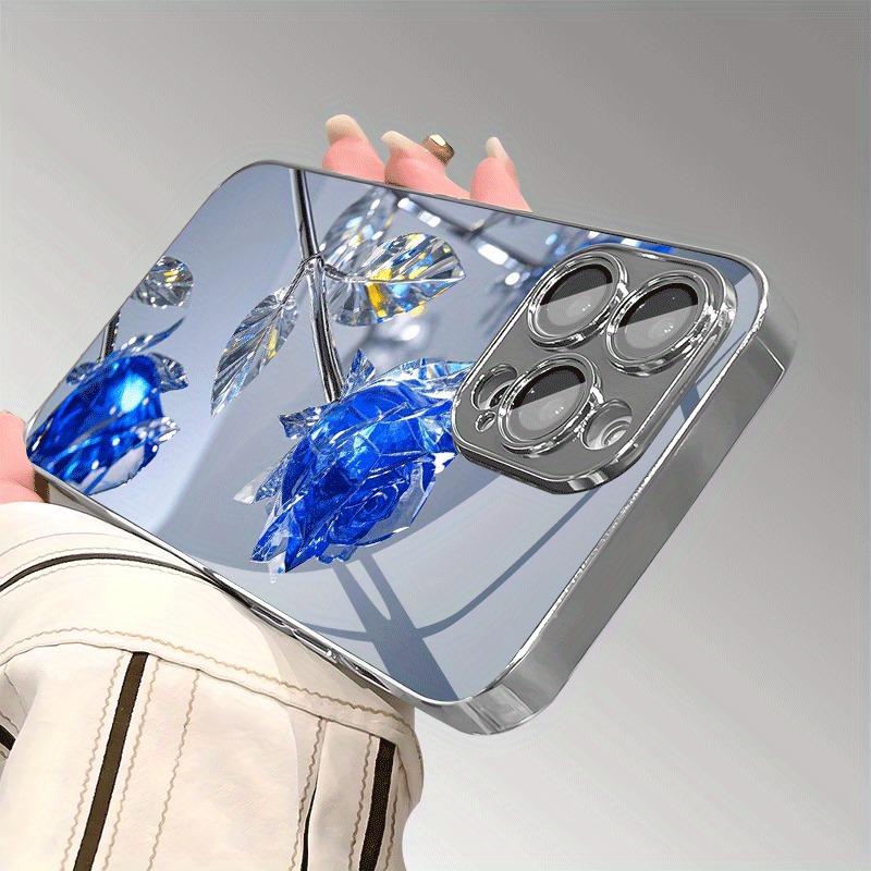 Stilvolle Kristallblau-Rosenmuster-Galvanisierte Handyhülle Für Samsung Galaxy S25 S24 S23 Ultra Plus FE Gehärtetes Glas Cover