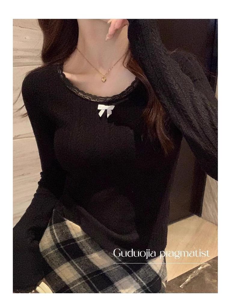 2025 Women's High-End Lace Base Long-Sleeve Bow Shirt, White - Perfect for Spring and Autumn