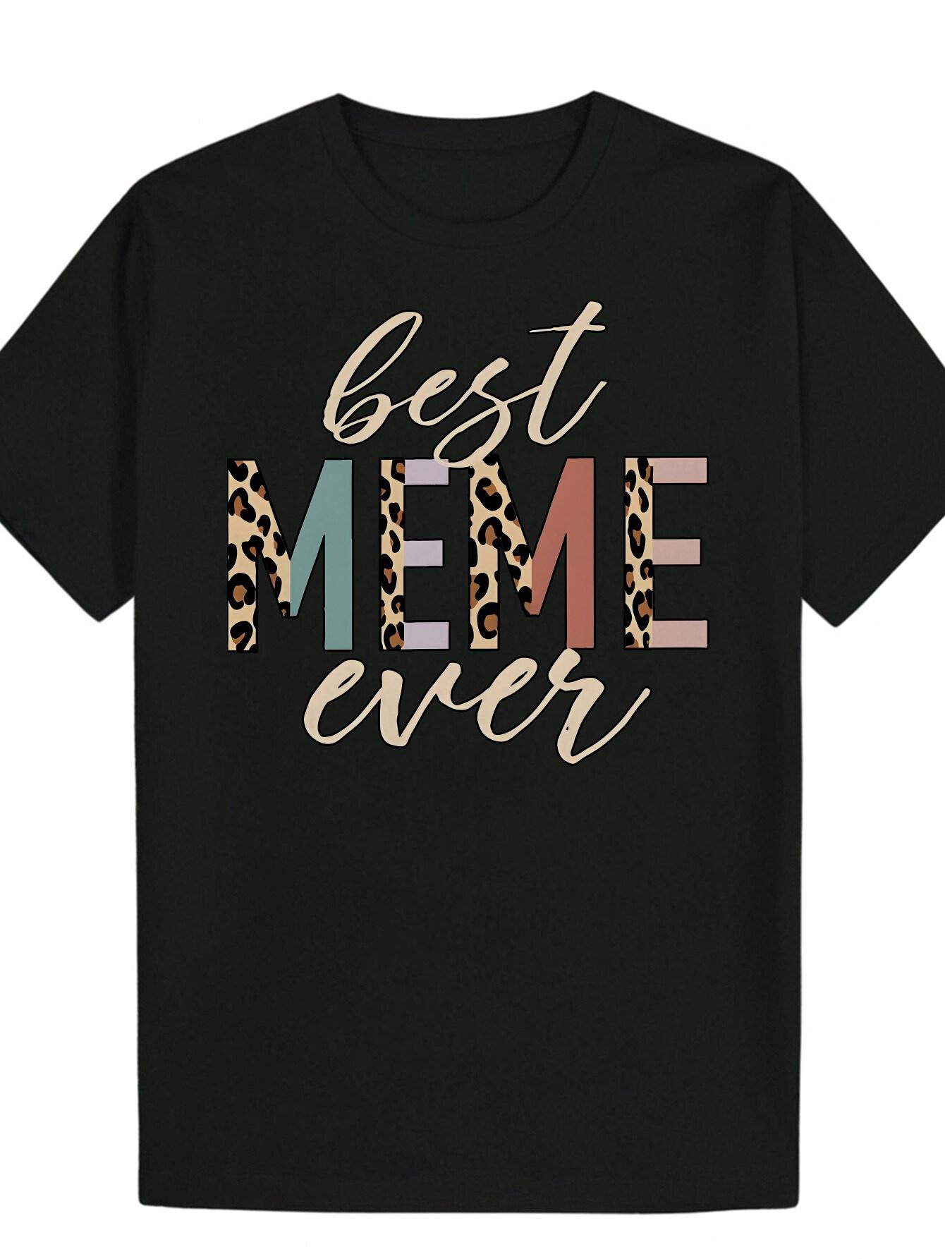 Crew Neck Polyester T-shirt -  Best Memes Ever  Graphic Tee with Leopard Print S