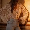 Yousheng Women Shirt Lace Lantern Sleeve Flared Cuffs Shirt Tops Single Breasted Hollow Lace Flower Tops Work Date Vacation