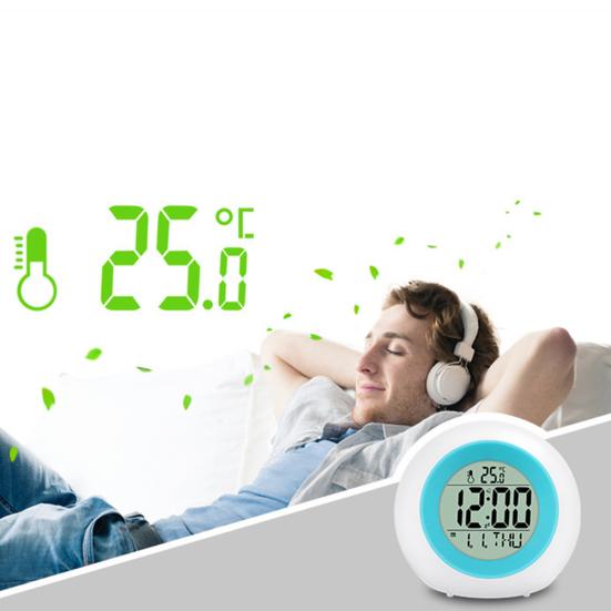 Round Colorful Backlight LED Time Date Temperature Display Snooze Alarm Clock