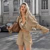European and American Minimalist Fashion Khaki Cotton-linen Shirt and Shorts Two-piece Set, Summer Loose Casual Top Set