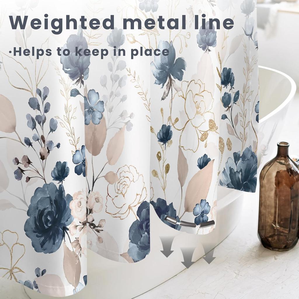 Ästhetische Marineblaue Florale Duschvorhangsets, Aquarell Goldene Blumen Blätter Badezimmer Dekorativ 72x72 Zoll Polyester Wasserpro