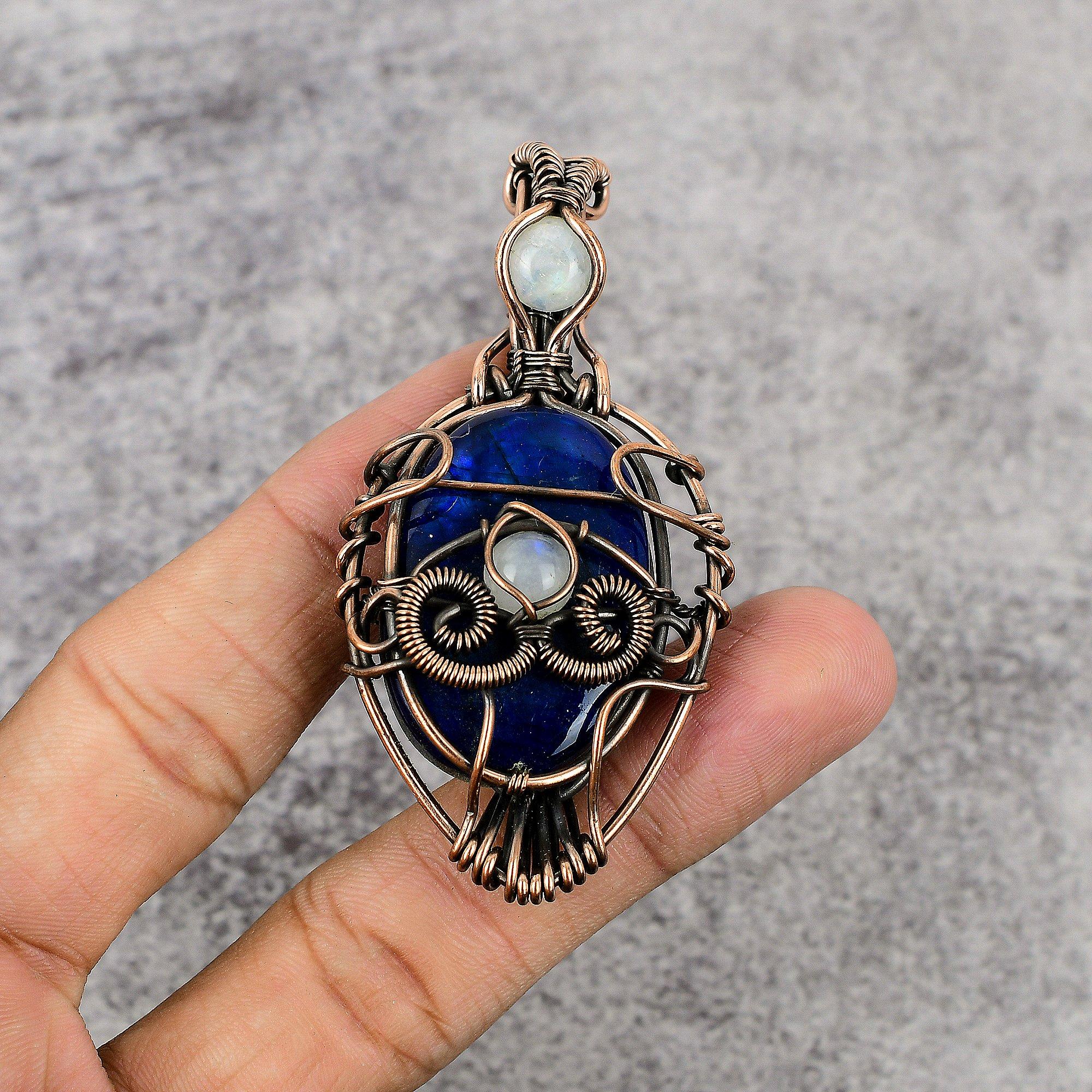 

Blue Flash Labradorite & Rainbow Moonstone Pendant, 999 Copper Wire Wrapped Jewelry, Handmade Pendant Gemstone Jewelry 2.25 Inches