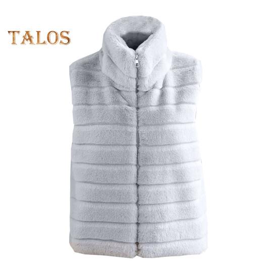 Women Vest Coat Faux Fur Stand Collar Zip-up Cardigan Sleeveless Solid Color Cozy Keep Warm Outerwear Daily Wear School Waistcoat