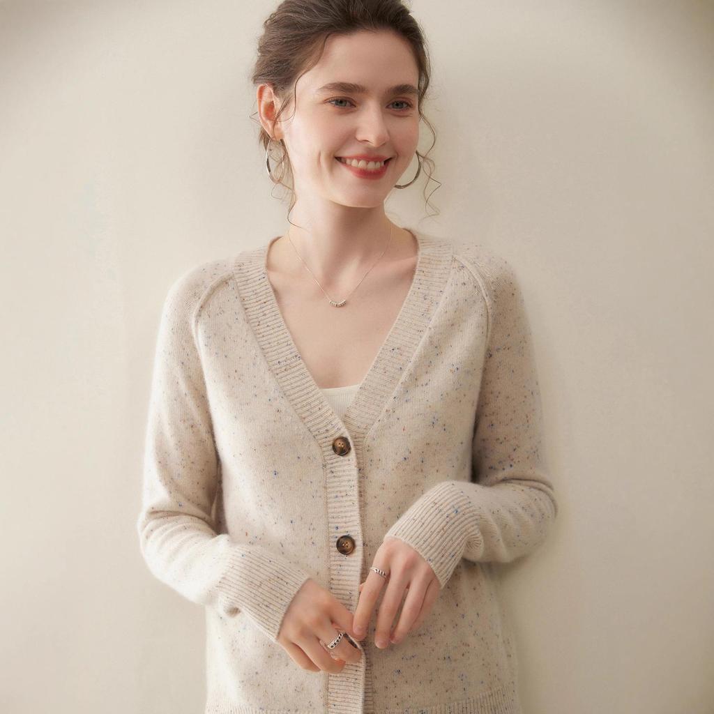 2025 Korean Style Cashmere V-Neck Mélange Sweater Cardigan for Women