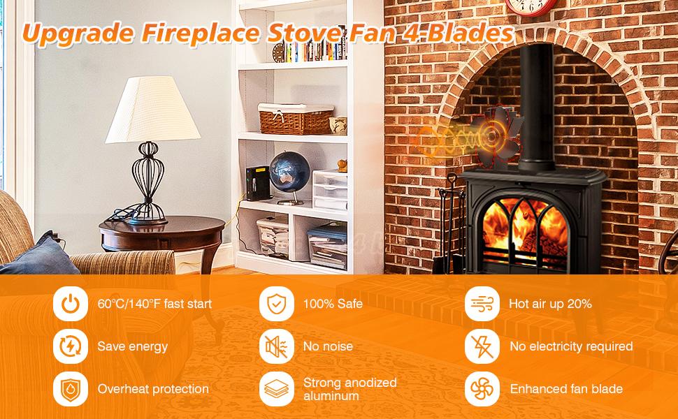Heat Powered Stove Fan for Wood Fast Start 4-Blade Fireplace Fans Ultra Quiet Increases 80% more Warm Air Energy Saving
