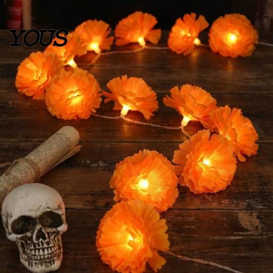 Seasonal Festival Embellishments 10FT LED Chrysanthemum String Light, Battery Operated Artificial Marigold Garland Realistic Flower Shape Lamps Fairy