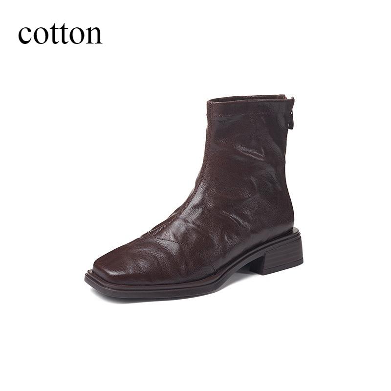 Women's Boots  New Leather Boots Square Head Short Boot Women's Autumn and Winter Retro Pleated Rear Zipper Thin Boot Women