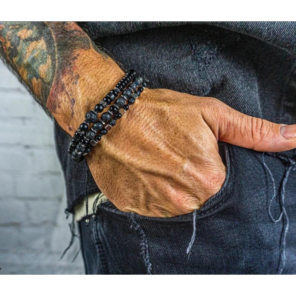 Vacation Style Stacked Bracelet Retro Men's Beaded African Pine Black Agate Woven Elastic Bracelet Women