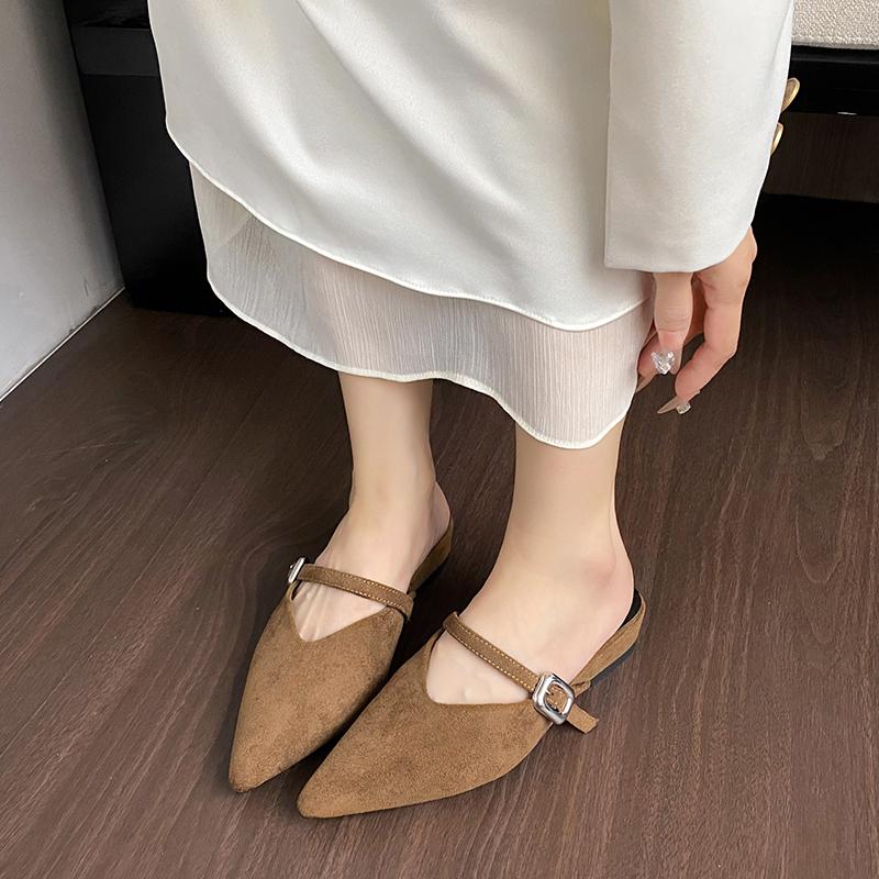 Baotou Slippers Autumn New Pointed Toe Shallow Mouth One Belt Soft Sole Non-slip Low-heeled Shoes