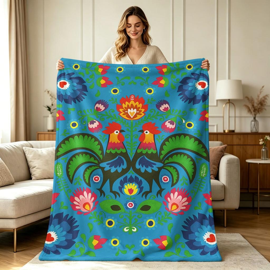 All Season Soft Flannel Blanket with Folk Rooster Floral Print Warm Cozy Lightweight Throw Blanket for Couch Sofa Living Room Bedroom Office Home Deco