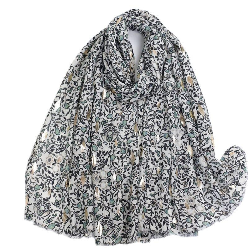 Moda  Espanha Jardim Brilho Floral Franja Viscose Lenço Cachecol Estampa Macio Pashmina Hijabs E Xales Lenços Muçulmano Lenço