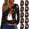 Women's Casual Long Sleeve T-Shirt with Halloween Print V-Neck and Button