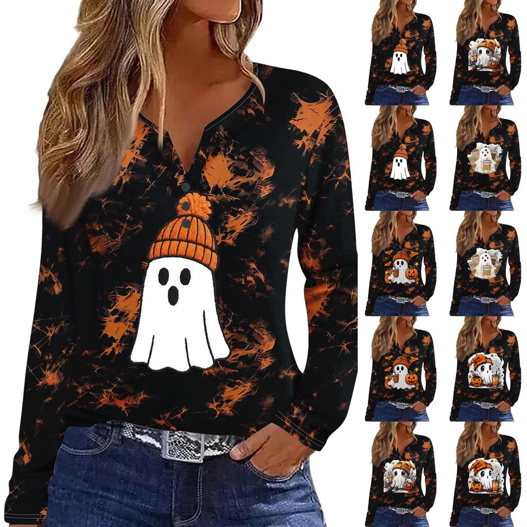 Women's Casual Long Sleeve T-Shirt with Halloween Print V-Neck and Button