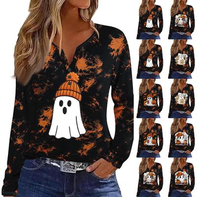 Women's Casual Long Sleeve T-Shirt with Halloween Print V-Neck and Button