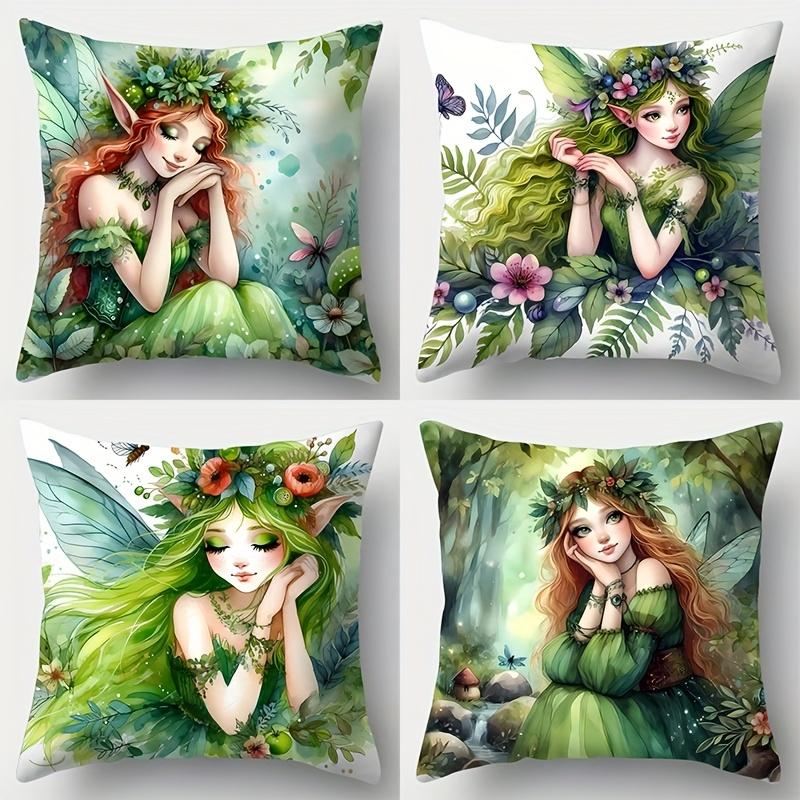 Fairy Pillowcase, Dreamy Green Elf Design with Flowers & Wings for Fantasy Fans, Soft Cotton Decorative Cushion Cover