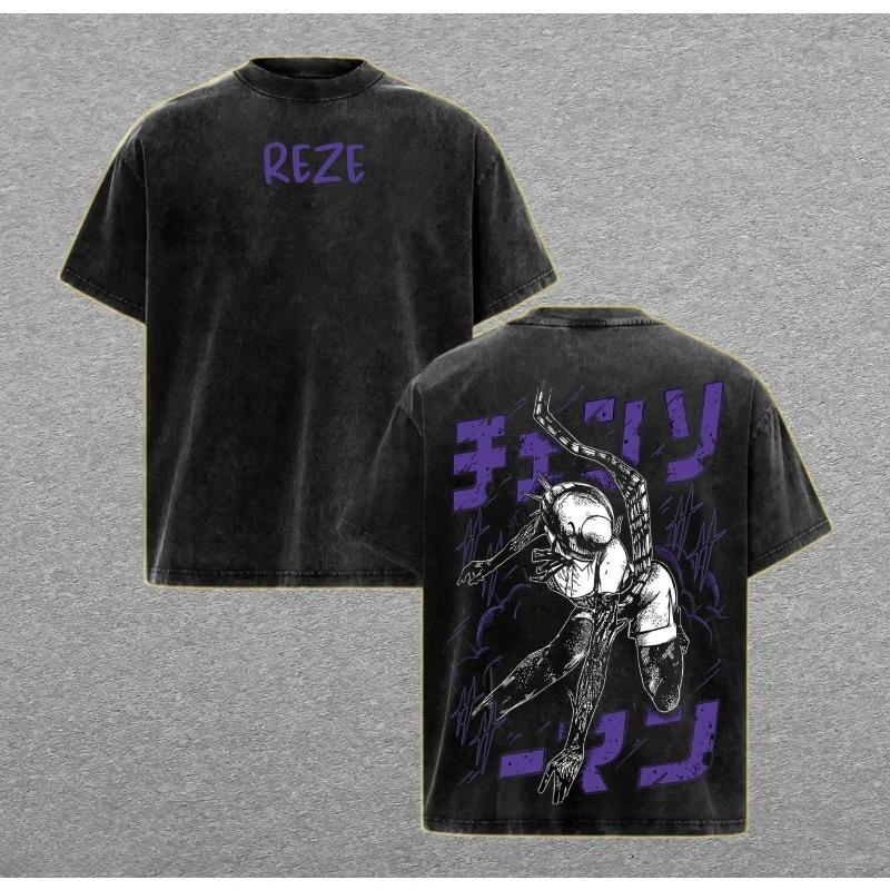 

Reze Chainsaw Man Anime T-shirt Gothic Vintage Washed Oversized T Shirt Men Women Clothing Summer Short Sleeve Cotton Tees Tops XXL синій