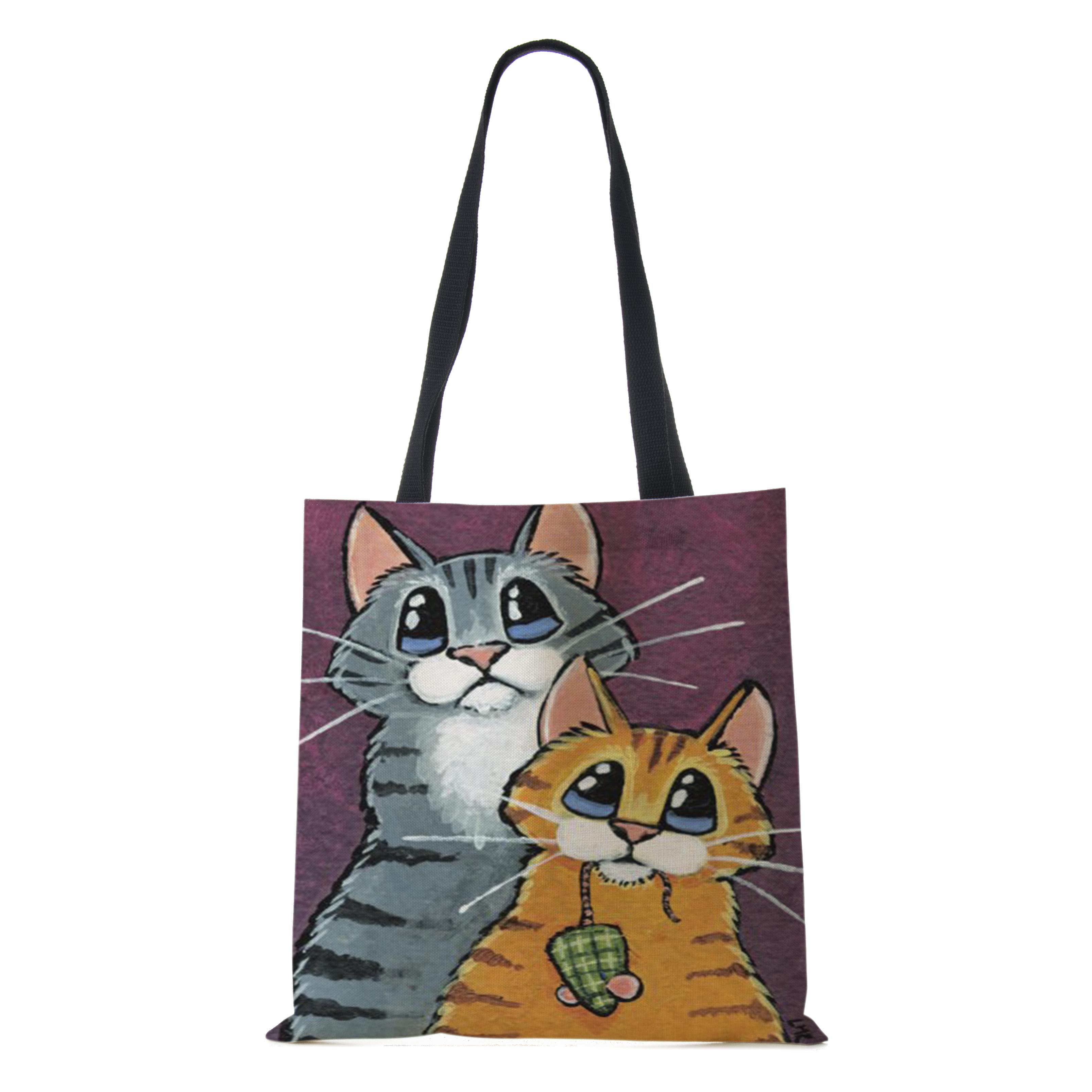 

Женские льняные сумки с кошачьим принтом, повседневные дорожные пляжные подарочные пакеты