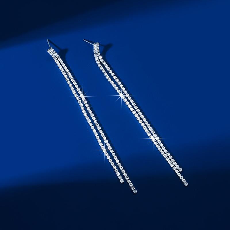 Rhinestone Long Fringed Internet Celebrity Stud Earrings, Earrings, Temperament Versatile Simple Earrings Women