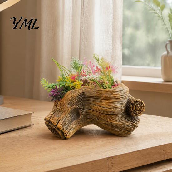 Durable Resin Succulent Pots Tree Stump Flowerpot for Succulents Small Plants, Imitation Wood Grain Planter Natural Style Plant Indoor Home