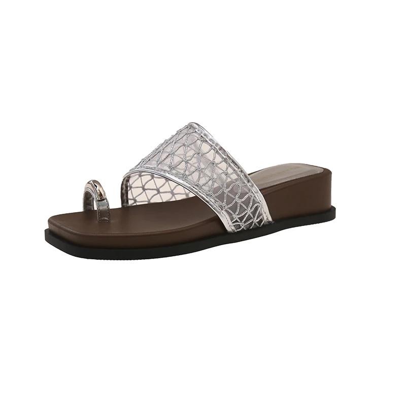 Fashion Square Toe Metal Slip-on Lace Breathable Flip Slippers Women's Xia New Outside Wear Anti-Slide Heel Sandal Slippers