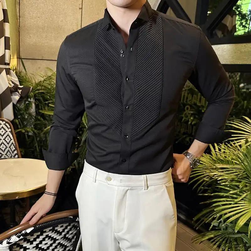 

Men s Black Pleated Front Long Sleeve Dress Shirt Slim Fit Formal Button-Up Blouse S чёрный