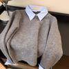 Fake Two Shirts Collar Sweater Women's Autumn Outfit Lazy Linterior Contrasting Color Gray Knit Sweater Top With Flip Collar
