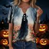 Women's Halloween V Neck Short Sleeve T-Shirt with Button Casual Top