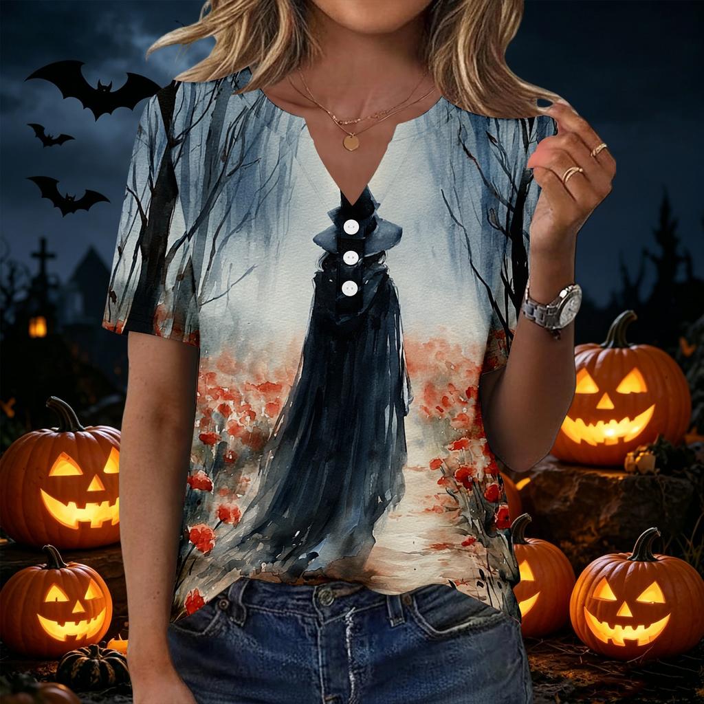 Women's Halloween V Neck Short Sleeve T-Shirt with Button Casual Top