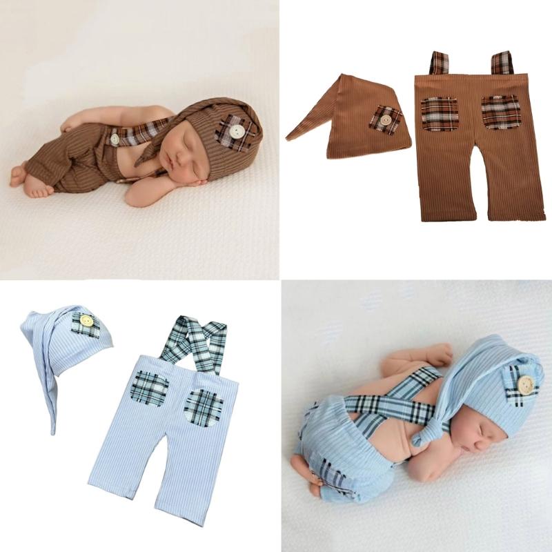 Baby Photography Props Overalls and Hat Outfit Photo Shoot Clothes Breathable Baby Infant Photography Costume Clothing