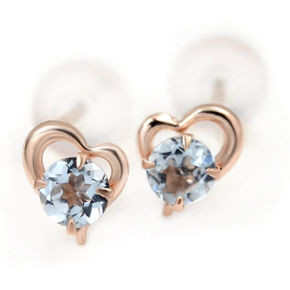 10K Pink Gold Open Heart Stud Earrings (Pair) with March Birthstone Aquamarine