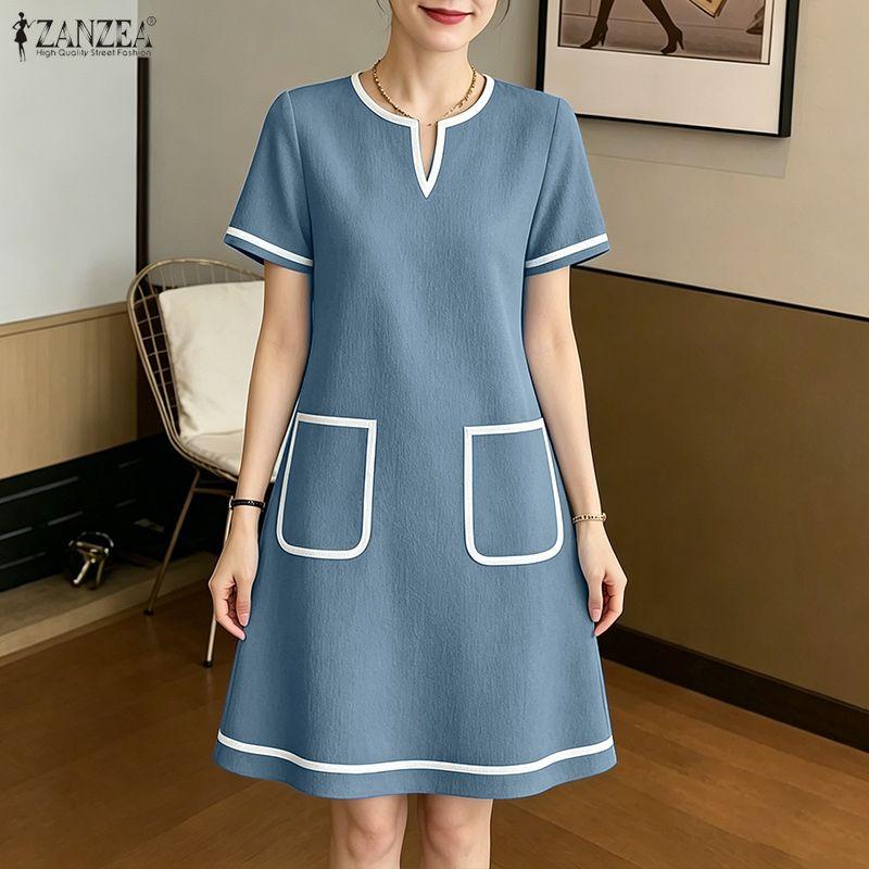 ZANZEA Women Eelgant Casual V-Neck Summer Short Sleeve Dress