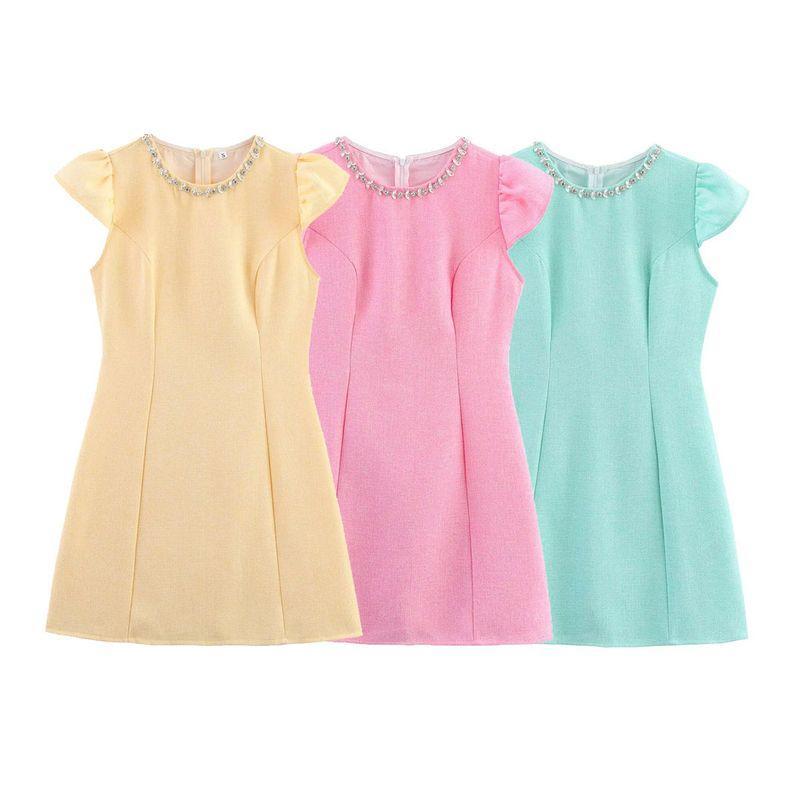 Kaslead New Women clothes Western Style Fashion Simple Heavy Industry Rhinestone Small Flying Sleeve Dress