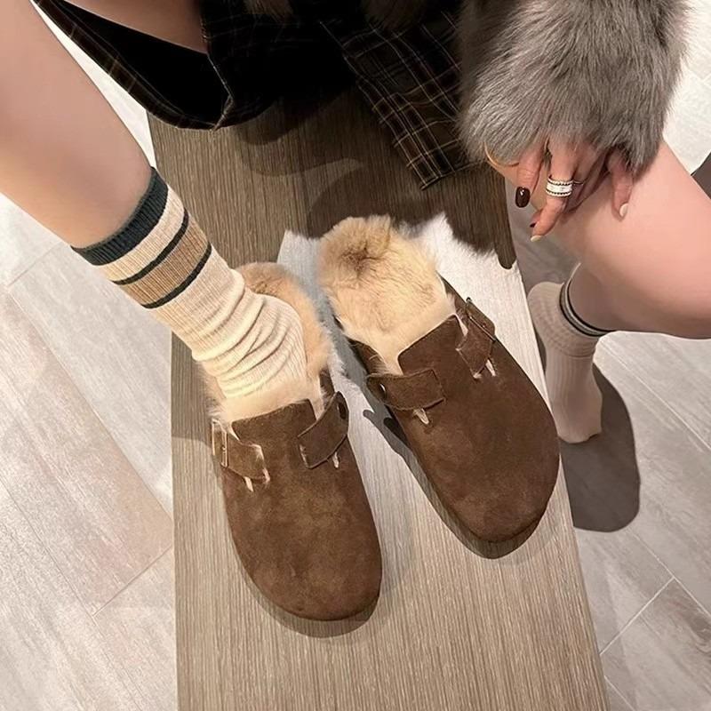 Fashion New Women Slippers Fur Flats Short Plush Mules Shoes Women Fashion Buckle Soft Sole Cotton Shoes Suede Home Warm Slippers Mules