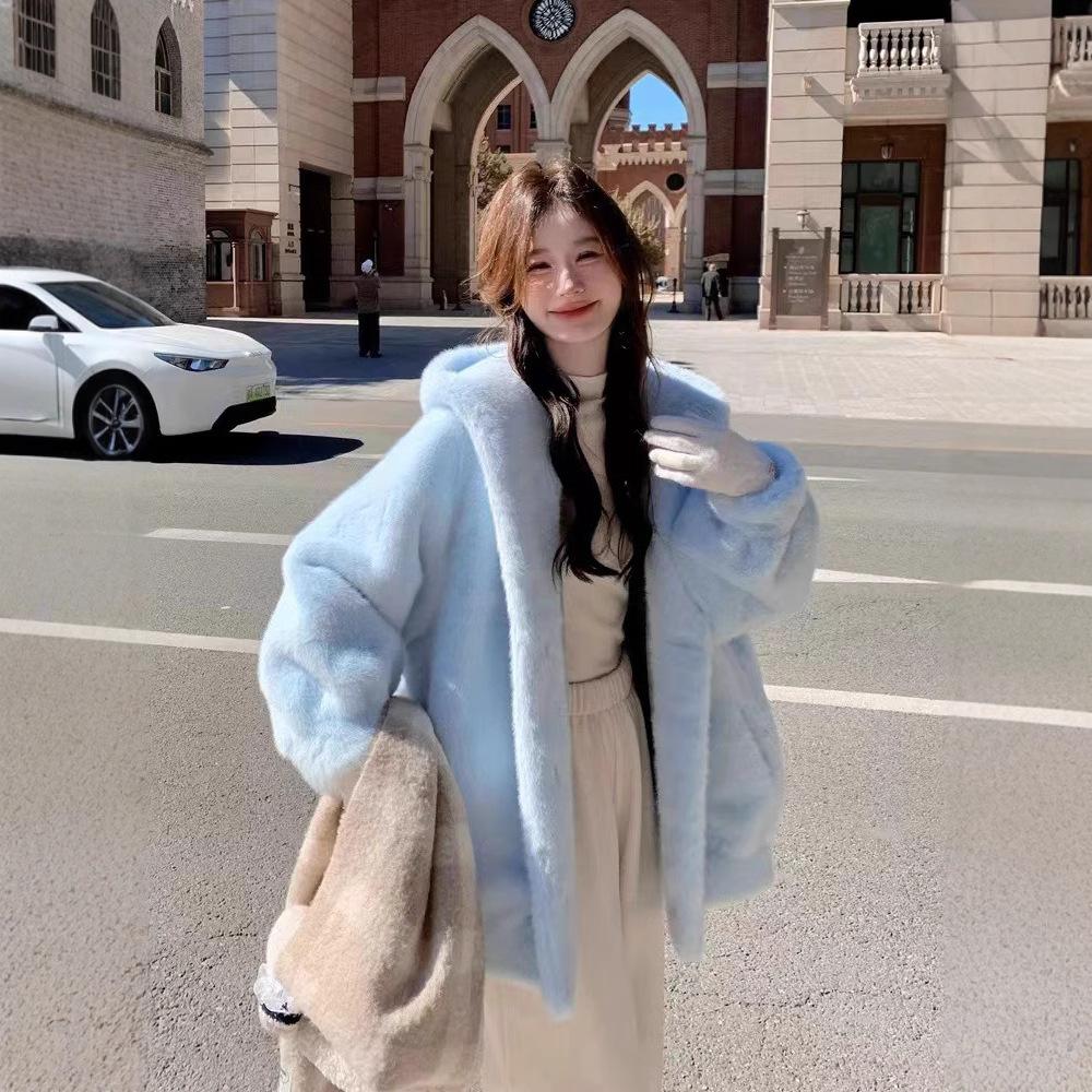 Winter new small blue sweet age reduction loose hooded imitation velvet mink environmental protection fur short coat women