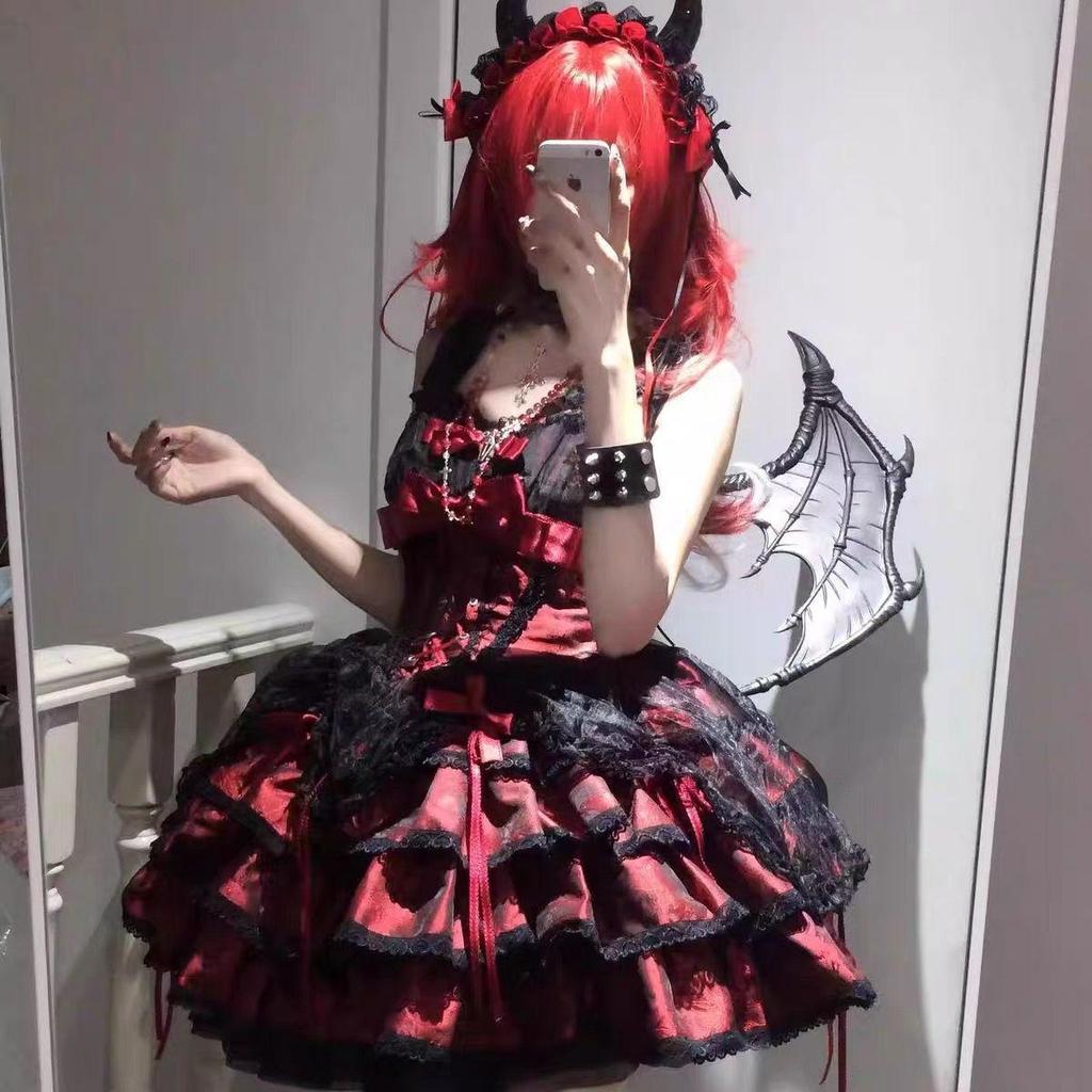 In-Stock Rose Butler Black & Red Strappy Lolita JSK Dress - Cute Two-Dimensional Sweet & Spicy Cosplay Outfit