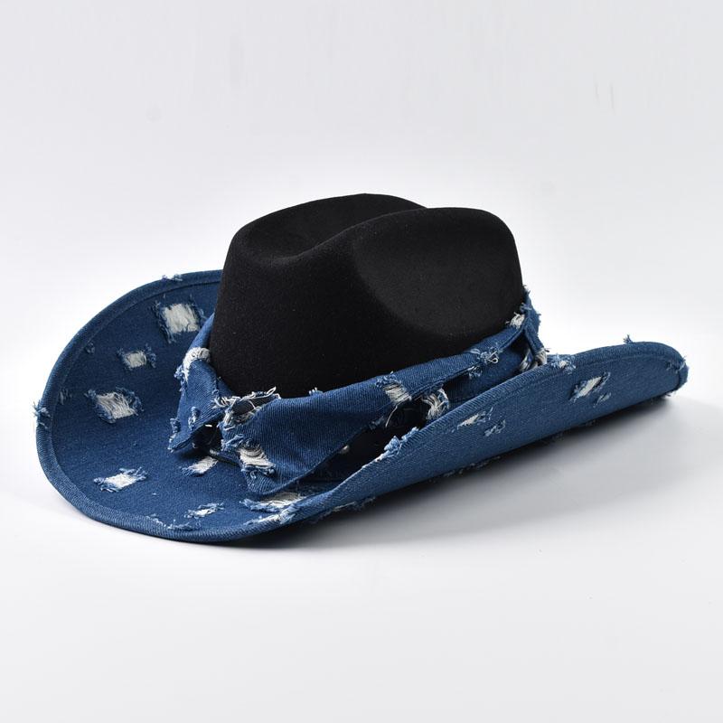 Vintage Washed Denim Jazz Hats For Women Men Gentleman Western Cowboy Hat Party Dress Up Cowgirl Hat