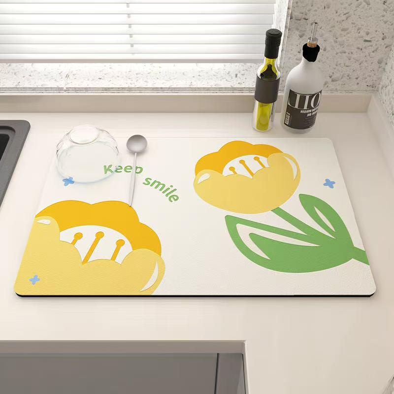 Non-Slip Absorbent Kitchen Countertop Drying Mat - Sink, Dishware & Cutlery Draining Mat & Coaster 30x40cm Diatom Mud